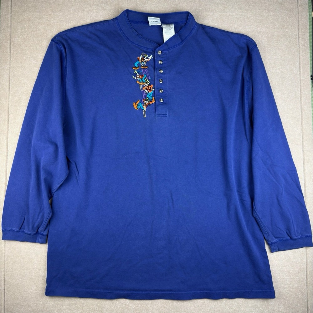 Vintage Disney Shirt Goofy Embroidered Henley Shirt Men's XXL Blue Long Sleeve‎